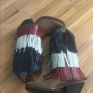 Brown Boots with Red, White, and Blue Fringe